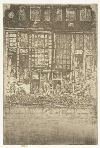 Kaksi kanavataloa Amsterdamissa Brodeerattu verho tekijältä James Abbott McNeill Whistler