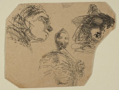 Kaksi naispäätä ja seisova hahmo luonnoksista rannikkomittauslevyllä, 1854-55. tekijältä James Abbott McNeill Whistler