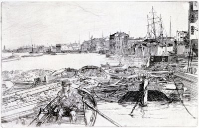 Näkymä Thamesista Lontoon altaan yllä (Englanti) vuonna 1859 kuuluu Thamesia käsittelevään kaiverrussarjaan, jossa korostetaan Englannin pääkaupungin merityöläisten yhteisöä. tekijältä James Abbott McNeill Whistler