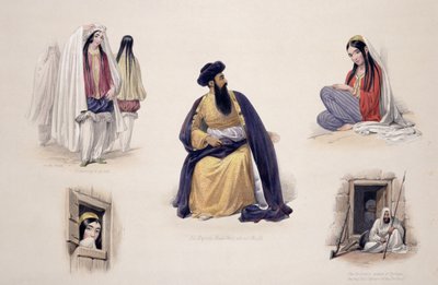 Muotokuva Hänen Majesteettinsa Shah-Sooja-Ool-Moolkista (1780-1842), "Sketches in Afghanistan", kaiverrettu Charles Haghe (1810-88) ja Louis Haghe (1806-85), julkaissut Henry Graves, 1842 ( väri valaistu tekijältä James Atkinson