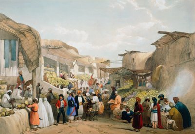 Kabulin basaari hedelmäkauden aikana, ensimmäinen englantilais-afganistanilainen sota, 1838-1842 tekijältä James Atkinson