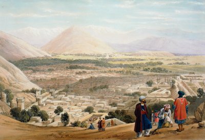 Kabul linnoituksesta, jossa näkyy vanha muurien ympäröimä kaupunki, ensimmäinen englantilais-afganistanilainen sota 1838-1842 tekijältä James Atkinson