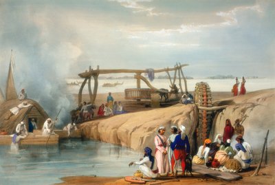 Persialainen pyörä nostaa vettä Sutlej-joesta, Punjab, 1842 tekijältä James Atkinson