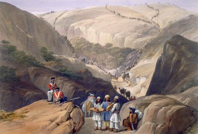 Ensimmäinen laskeutuminen Koojahin solan läpi, kirjasta "Sketches in Afghaunistan", kaiverrus Charles Haghe (1810-88) ja Louis Haghe (1806-85), julkaisija Henry Graves, 1842 tekijältä James Atkinson