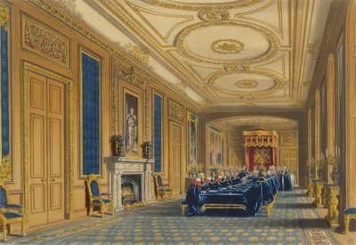 Throne Room, Windsorin linna - Sukkanauhan ritarikunnan asennus, 1838 tekijältä James Baker after Pyne