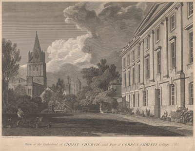 Näkymä Kristuksen katedraalille ja osalle Corpus Christi Collegea tekijältä James Basire