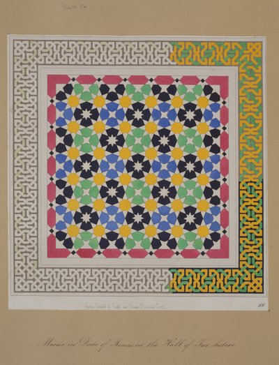 Mosaic in dado of recess in the Hall of Two Sisters, Alhambra, The Arabian Antiquities of Spain, julkaistu 1812 tekijältä James Cavanagh Murphy