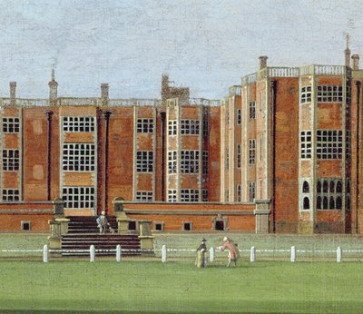Näkymä Temple Newsam Housesta, n. 1750 (öljy kankaalle) (yksityiskohta 128852, joka näyttää julkisivun keskiosan) tekijältä James Chapman