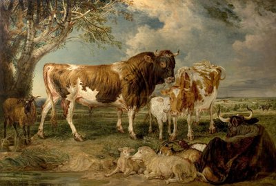 Härkä, lehmä ja vasikka maisemassa, 1837 tekijältä James Charles Ward