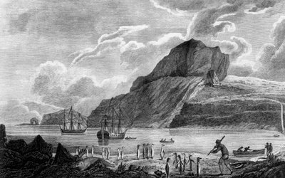 Kerguelenin saari, näkymä Christmas Baylle, piirustus William Hodges, kaiverrus William Watts, kuvitus Matkasta etelänavalle ja Round World, James Cook (1728-1779), painos julkaistiin Pariisissa vuonna 1778 tekijältä James Cook