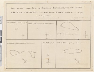iii. Luonnoksia saarista Lagoon, Thrum-Cap, Bow-Island, kaksi ryhmää, Bird Island ja Chain Island, jotka sijaitsevat etelässä, meri... löydetty huhtikuussa 1769 tekijältä James Cook