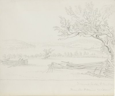 Derwent Lake Mr. W. Mains Residencestä, 1843 (grafiitti kermanvärisellä paperilla) tekijältä James David Smillie