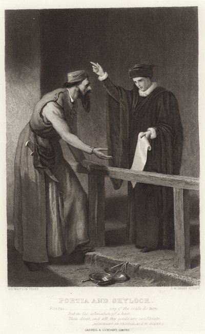 Portia ja Shylock, Venetsian kauppias, näytös IV, kohtaus I tekijältä James Dawson Watson