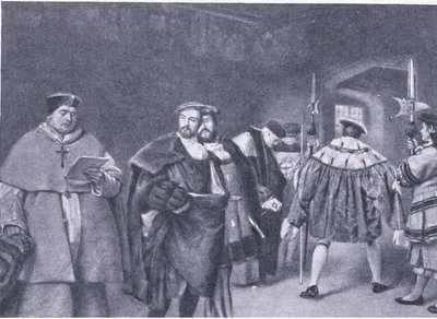 Kuningas Henry VIII:n kardinaali Wolseyn erottaminen, Waverley Book Companyn julkaisemasta Cassells History of the British People -julkaisusta, noin 1950-luku tekijältä James Dromgole Linton