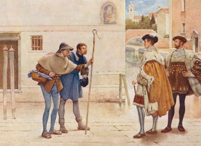Shakespearen Venetsian kauppias: Bassanio, Lorenzo, Vanha Gobbo ja Launcelot Gobbo (värilitra). tekijältä James Dromgole Linton