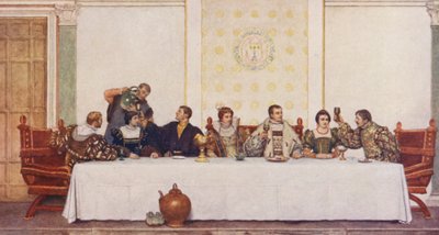 Shakespearen Venetsian kauppias: Lorenzo, Jessica, Antonio, Portia, Bassanio, Nerissa ja Gratiano (värilitra). tekijältä James Dromgole Linton