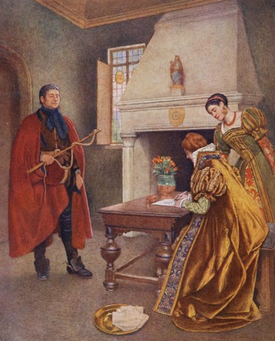 Shakespearen Venetsian kauppias: Portia, Nerissa ja Balthazar (värilitografia). tekijältä James Dromgole Linton