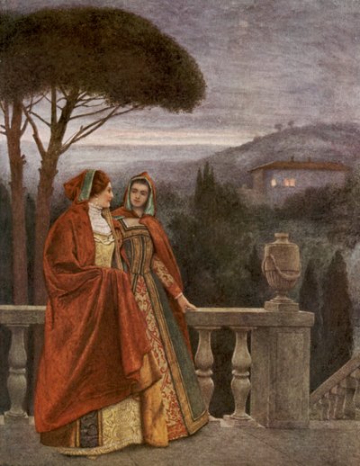 Shakespearen Venetsian kauppias: Portia ja Nerissa (värilitografia). tekijältä James Dromgole Linton
