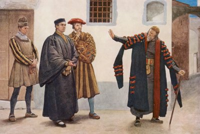 Shakespearen Venetsian kauppias: Shylock, Antonio, Salarino ja Gaoler (värilitografia). tekijältä James Dromgole Linton