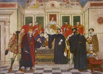 Shakespearen Venetsian kauppias: Shylock, Portia, Bassanio, Antonio, Gratiano ja Nerissa (värilitra). tekijältä James Dromgole Linton