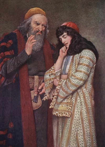 Shakespearen Venetsian kauppias: Shylock ja Jessica (värilitografia). tekijältä James Dromgole Linton