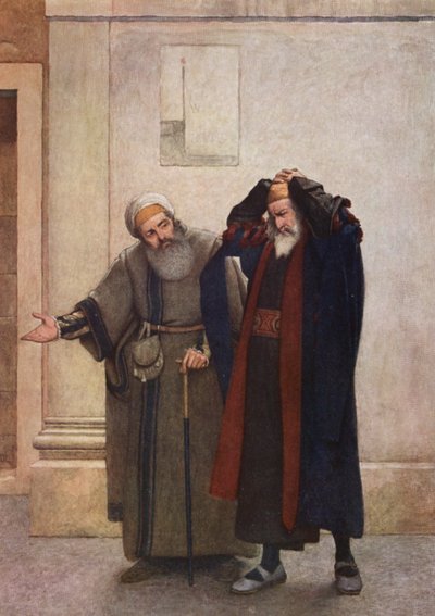Shakespearen Venetsian kauppias: Shylock ja Tubal (värilitografia). tekijältä James Dromgole Linton
