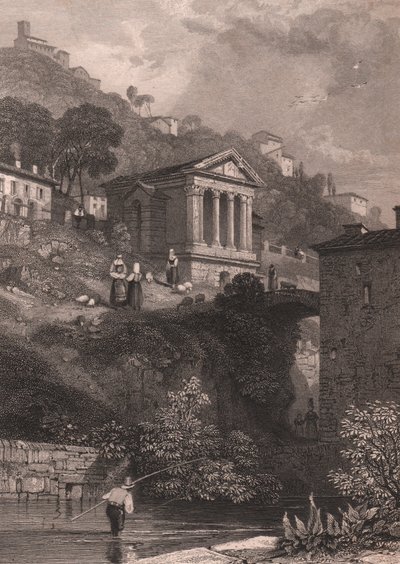 Näkymä Clitumnuksen temppelistä Clitunno-joen varrella lähellä Campello sul Clitunnoa, Umbria, Italia, Jordanin teräskaiverrus James Duffield Hardingin (1798-1863) piirtämänä, noin 10, 5x15 cm tekijältä James Duffield Harding