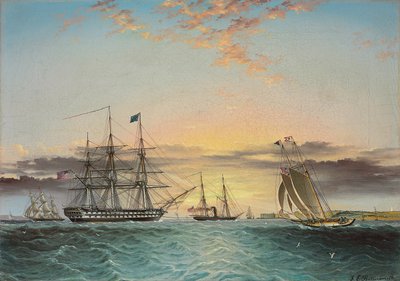 U.S.S. Ohio Under Tow Lower Bayssä, New Yorkissa, josta on näkymä Fort Hamiltoniin tekijältä James E. Buttersworth