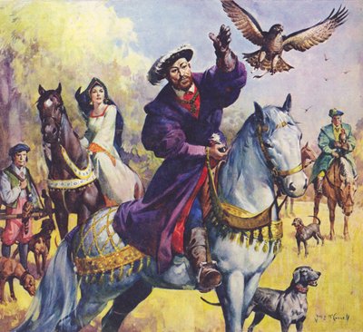 Kuningas Henrik VIII ja Anne Boleynin metsästys (värilitografia) tekijältä James Edwin McConnell