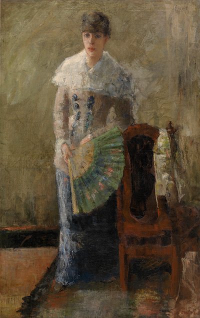 Nainen tuulettimella (öljy kankaalle, asennettu paneeliin) tekijältä James Ensor