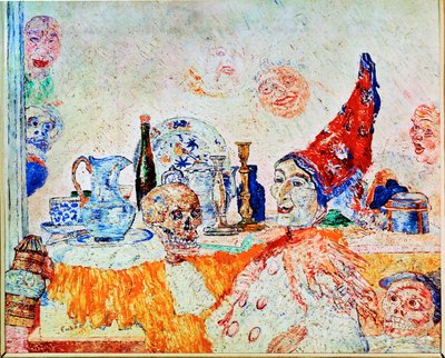 Pierrot ja luuranko keltaisena (maalaus kankaalle) tekijältä James Ensor
