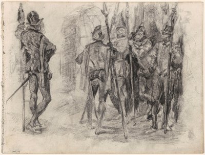 Hahmoluonnoksia ja viisi espanjalaista sotilasta keihäineen tekijältä James Ensor