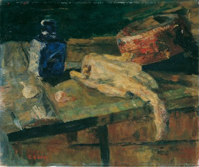 Asetelma sinisellä pullolla ja kynityllä kanalla tekijältä James Ensor