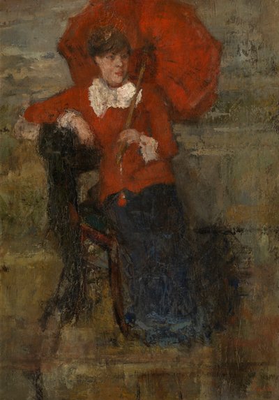 Nainen punaisella päivänvarjolla (öljy kankaalle) tekijältä James Ensor