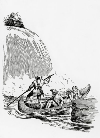 Päähenkilöt kanootissa vesiputouksen rannalla, kuvitus elokuvaan The Last of the Mohicans, James Fenimore Cooper, Principato Editore, Milano tekijältä James Fenimore Cooper