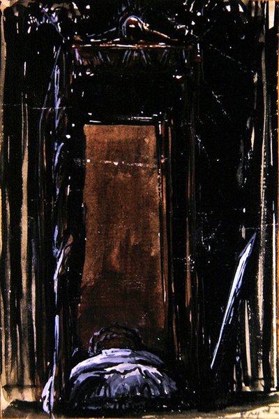 Sänky, n. 1909 (muste ja guassi paperille) tekijältä James Ferrier Pryde