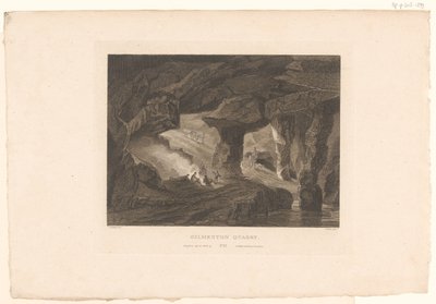 Näkymä Gilmerton Quarrylle, lähellä Edinburghia Gilmerton Quarry (otsikko esineessä) tekijältä James Fittler