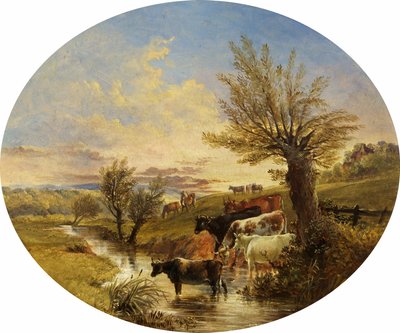 Maisema puron ja karjan kanssa, 1888 tekijältä James Flewitt Mullock