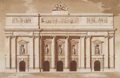 Dublinin parlamenttitalon länsirintaman korkeus, n. 1787 (kynä ja sivellin ruskealla musteella ja wc asetetulla paperilla) tekijältä James Gandon