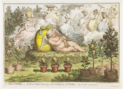 Orangerie: hollantilainen Cupid lepää istutuksen väsymyksestä, 1796 Orangery; tai hollantilainen Cupidon lepäämässä istutuksen väsymyksen jälkeen (otsikko esineessä) tekijältä James Gillray (signed by artist)