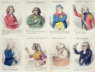 8 vinjettiä, jotka kuvaavat kaunopuheisuutta, julkaisija Hannah Humphrey vuonna 1795 (käsinvärinen etsaus) tekijältä James Gillray