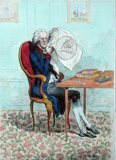 Tarkkanäköinen poliitikko selvittää brittiläiset valloitukset, julkaisi Hannah Humphrey vuonna 1795 (käsinvärinen etsaus) tekijältä James Gillray