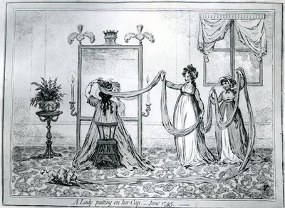 Nainen pukee hattua, 1795 tekijältä James Gillray