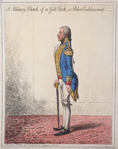 Sotilaallinen luonnos kullatusta kepistä tai pokerikoristeesta, julkaissut Hannah Humphrey vuonna 1800 (käsinvärinen etsaus) tekijältä James Gillray