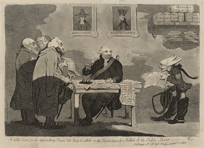 Jalo lordi lähestymässä rauhaa, liian kiireinen maksaakseen miljoonan julkisen rahan [käänteinen] tekijältä James Gillray