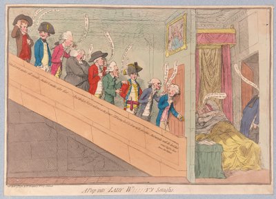 Kurkistus Lady W!!!!!yn seraglioon, pub. 1782 (käsin väritetty kaiverrus) tekijältä James Gillray