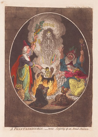 A Phantasmagoria: Scene - Aseistetun luurangon loihtiminen, pubi. 1803 (käsinvärinen kaiverrus) tekijältä James Gillray