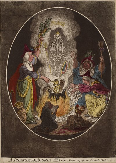 Phantasmagoria; - Kohtaus - Aseistetun luurangon loihtiminen, 5.1.1803 (käsinvärinen etsaus ja akvatinta kudospaperilla) tekijältä James Gillray