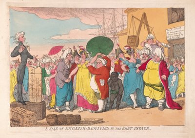 A Sale of English Beauties in the East Indies, pub. 1786 (käsin väritetty kaiverrus) tekijältä James Gillray
