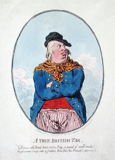 Hannah Humphreyn vuonna 1795 julkaisema A True British Tar (käsinväritetty etsaus). tekijältä James Gillray